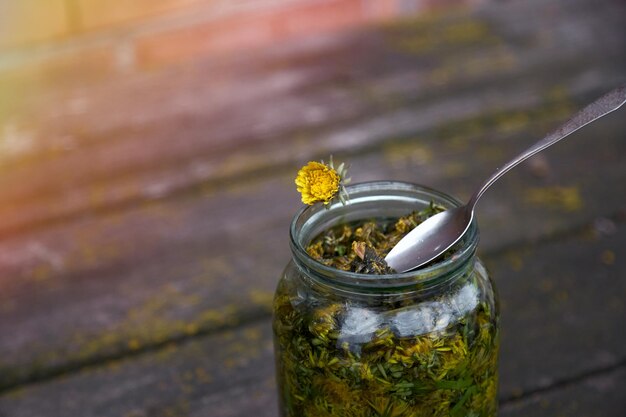 Alternative medicine concept Dandelion tincture is a natural homeopathic remedy at home