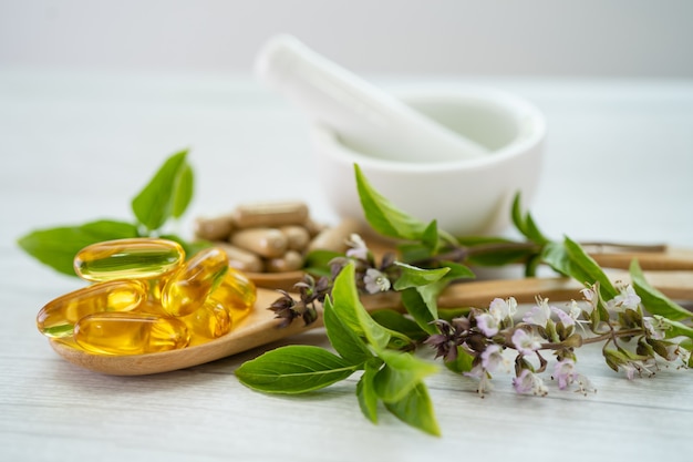 Alternative medicine herbal organic capsule with vitamin E omega 3 fish oil