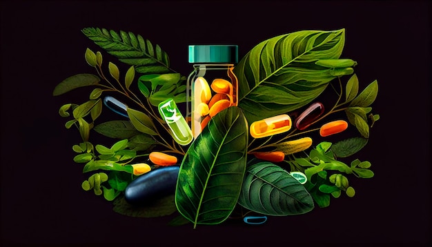 비타민 E 오메가 3 어유 미네랄을 함유한 대체의학 한방 유기농 캡슐과 허브 잎을 함유한 약물은 건강하고 행복한 삶을 위한 천연 보조제입니다. Generative AI