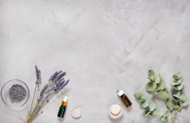 Photo alternative medicine herbs, oils and stones on grey background.