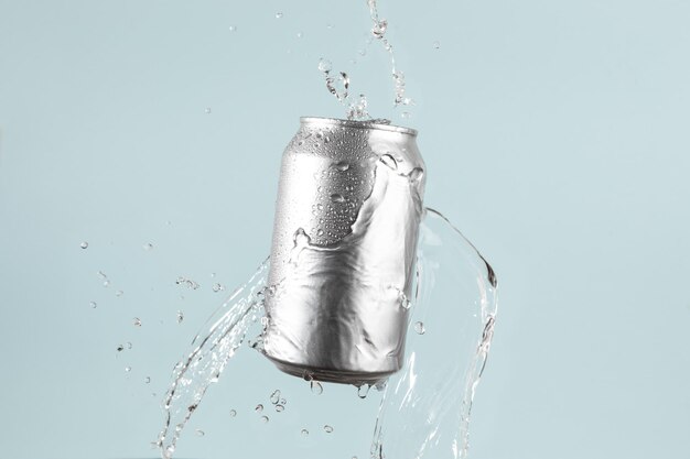 Foto lattina di birra o soda in alluminio con spruzzo d'acqua su uno sfondo blu chiaro