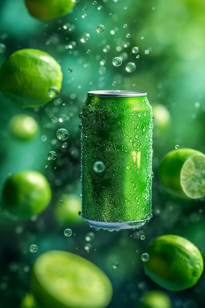Aluminium blik met verfrissend koud sprankelend fruit citrus sap drankje Product mockup van een frisdrank blikje vliegt in de lucht met limoenen Sap druppels spetteren rond groene achtergrond