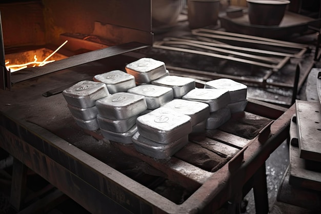 Aluminium ingot being forged into various shapes and sizes in a factory created with generative ai