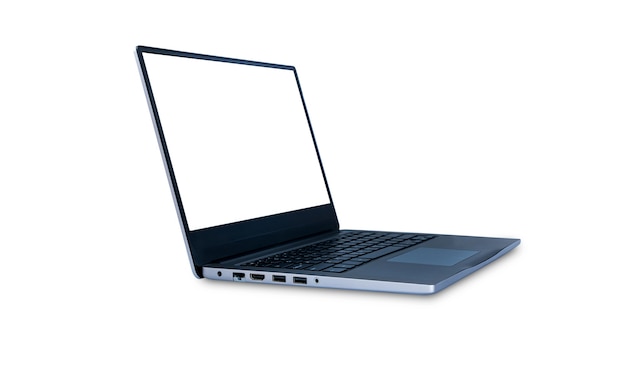 Aluminium materiaal, moderne slanke ontwerp laptop geïsoleerd op een witte achtergrond, met leeg wit scherm, bestand bevat met uitknippad Zo gemakkelijk om te werken.
