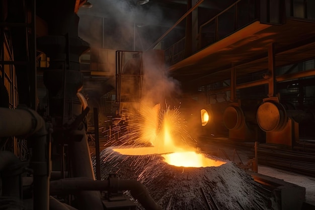 Aluminium smelting process with molten metal flowing from furnace created with generative ai