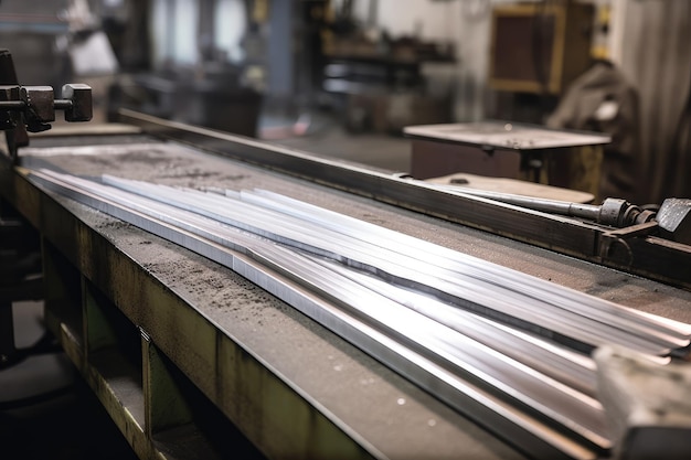 Foto aluminium staaf wordt gesneden en gerold in de fabriek gemaakt met generatieve ai