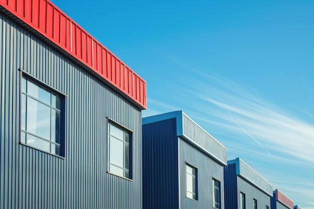 写真 青い空の背景にある工場のアルミニウム倉庫の建物