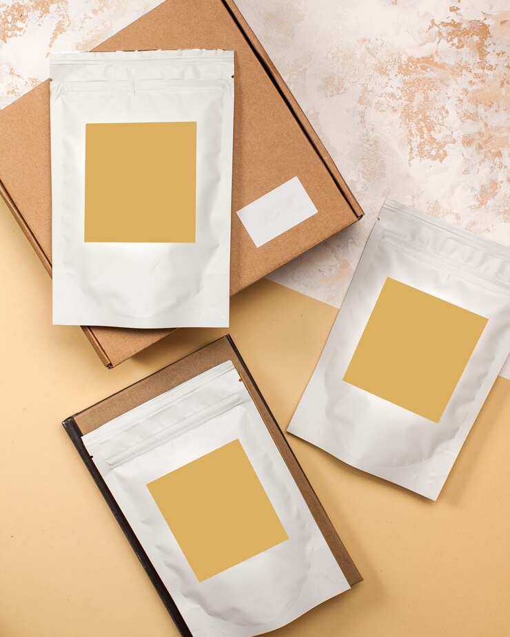 Photo aluminum bags for tea coffee spices and bulk materials with a label for the text your logo
