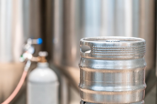 Aluminum beer barrel in a brewery