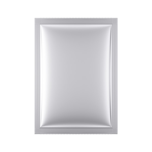 Photo aluminum blank bag package mockup on a white background. 3d rendering