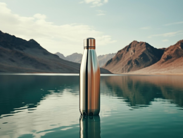 Aluminum bottle holding up against a lake