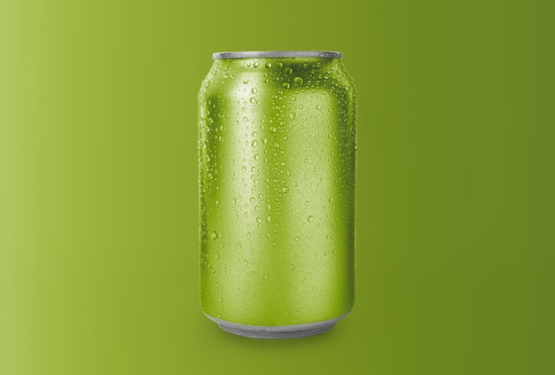 Aluminum can with drink on green background