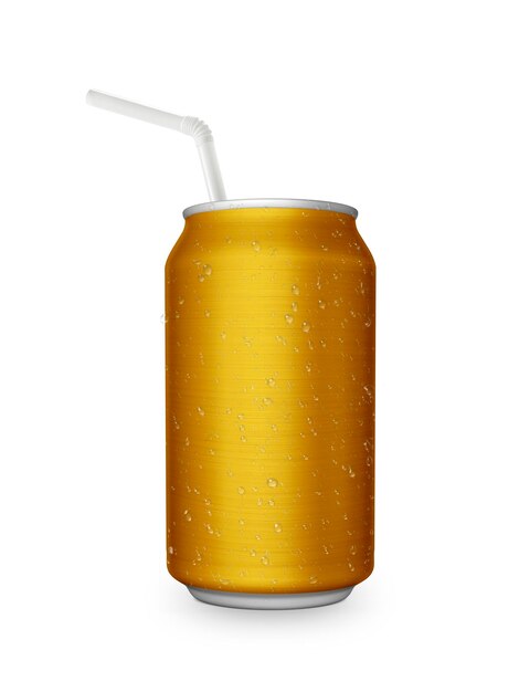 Photo aluminum can with the ring pull and straw isolated on a white