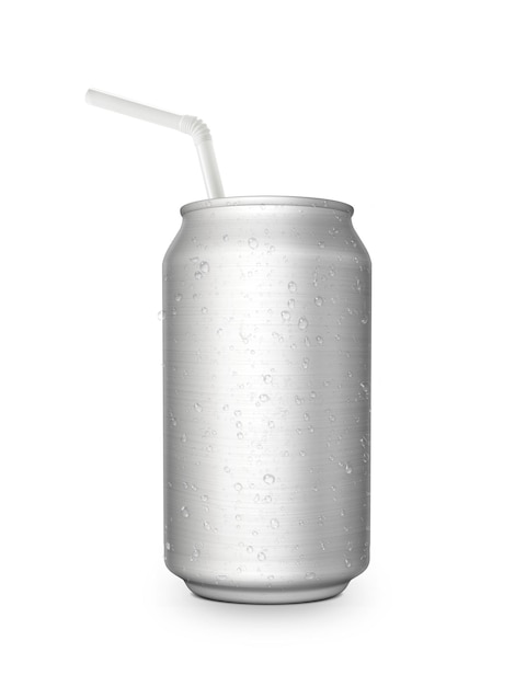 Aluminum can with the ring pull and straw Isolated on a white
