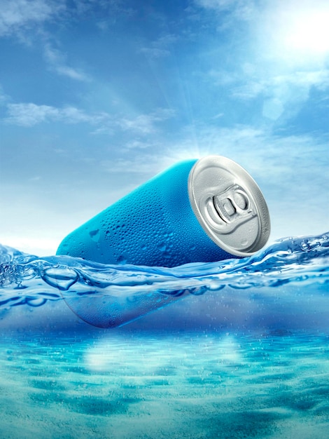 Aluminum can with water droplets floating in the ocean