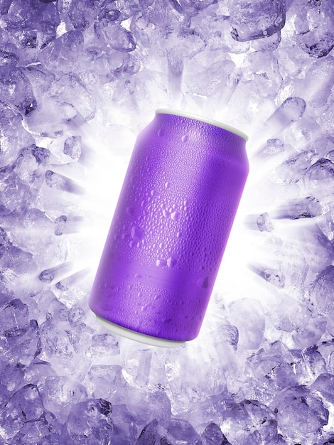 Aluminum can with water droplets on a ice broken splash background