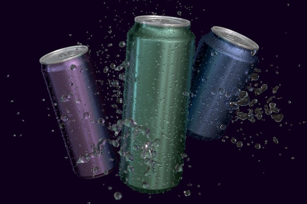 Photo aluminum cans 250ml 330ml 500ml with water drops and splash
