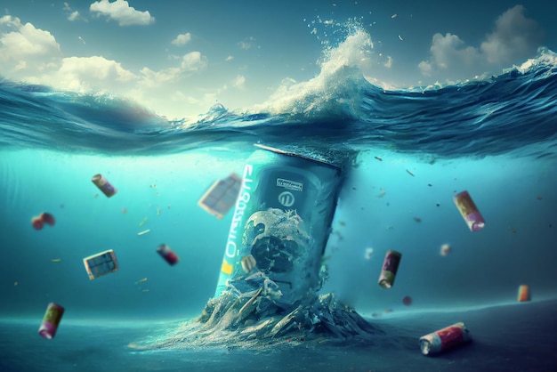 Aluminum cans and garbage waste on the bottom of the sea and ocean Environmental problems pollution