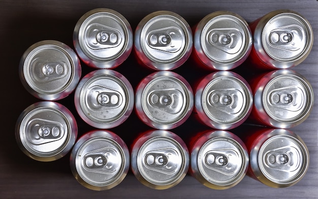 Aluminum cans top view, beer cans closed, many beer aluminum cans