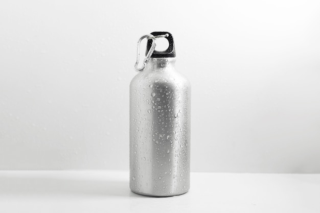 Aluminum eco thermo bottle for water, on white.