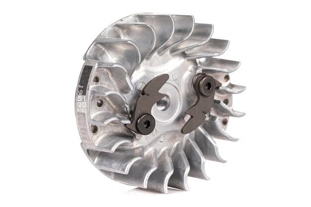 Aluminum flywheel for a modern chainsaw on a white background