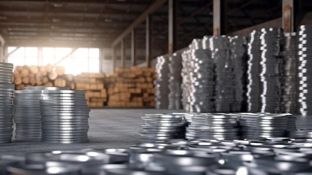 Aluminum in stack waiting for shipment in large warehouse