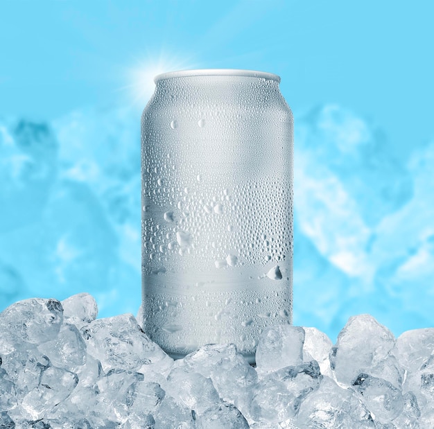 Aluminum Tin Can with ice cubes on blue background Blank metallic can drink beer soda water juice packaging