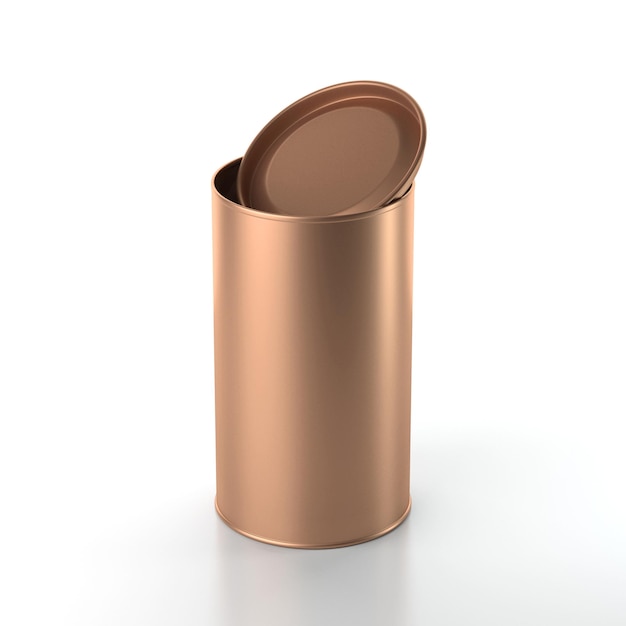 Алюминиевая жестяная банка с открытой крышкой. Консервная упаковка для чая, кофейного масла, подарочная коробка, 3d рендеринг.