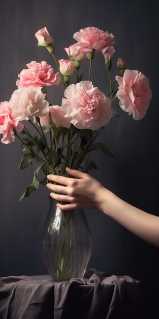 Aluminum vase with bush spray roses The florist takes care of the flowers A girl wit Generative AI