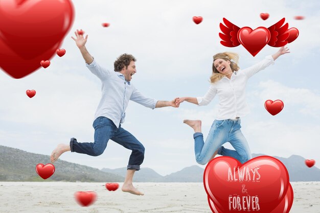 Always and forever against cheerful couple holding hands and jumping at beach