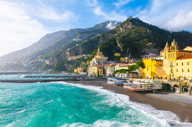 Amalfi coast at sunset Italy Beautiful view of Amalfi town with colorful architecture