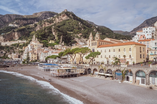 Amalfi, Italy - 1 November, 2019: Amalfi cityscape on coast of mediterranean sea, travel