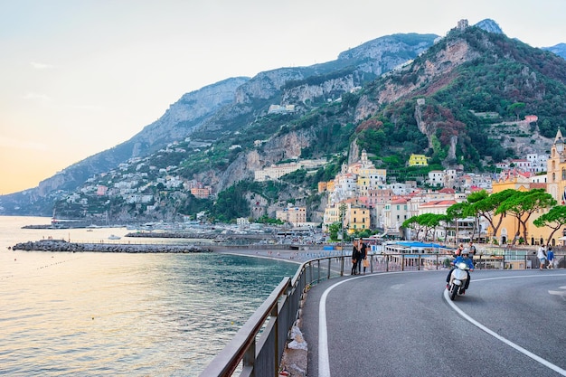 Amalfi, Italy - September 30, 2017: Road in Amalfi town and Tyrrhenian sea in autumn, Amalfitana, Italy