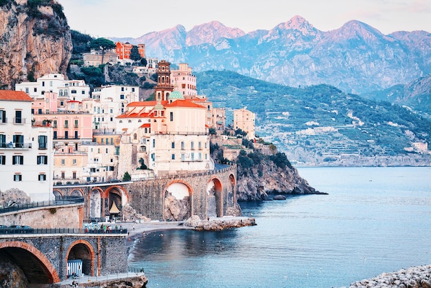 Amalfi town at Tyrrhenian sea in the evening, Amalfitana, Italy