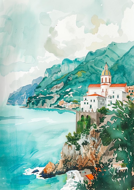 Amalfikust Italië landschap aquarel bruiloftsuitnodiging sjabloon