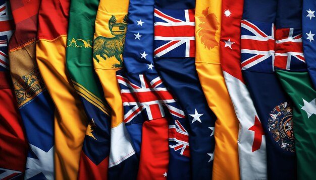 Photo amalgamation of australian flag with flags of other countries in a colourful realitistic
