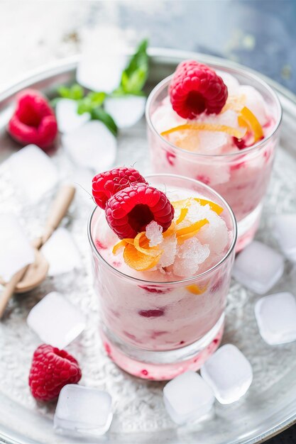 Amandelmelk en sinaasappel schil granita met verse frambozen in glazen op een vintage metalen dienblad met ijsblokjes en muntbladeren