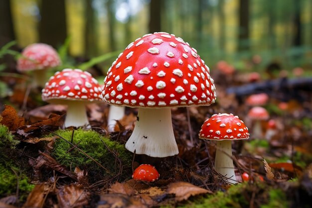 アマニタ・ムスカリア (Amanita muscaria) 赤と白の斑点のある毒菌の菌 写真はGで作成されました