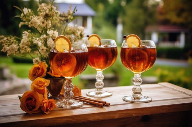 Foto amaretto-cocktails op een houten tuintafel gemaakt met generatieve ai