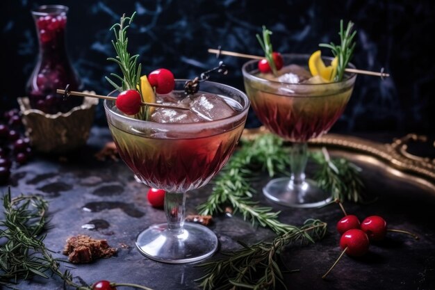 Amaretto-cocktails versierd met kersen en kruiden gemaakt met generatieve ai