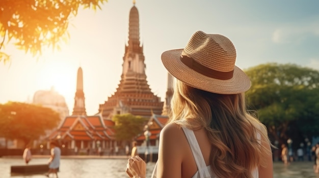 アメリカの旅行と観光コンセプト タイの美しいアメリカ人女の子 ウォット・アルーン