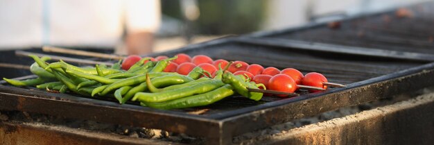 Amateur chef going to fry fresh tomatoes and green pepper on grill in nature