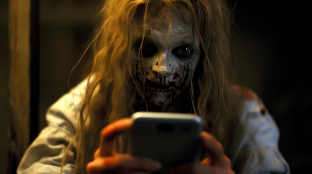 Amateur Horror Movie Scene Woman With Zombie Makeup Looking At Phone
