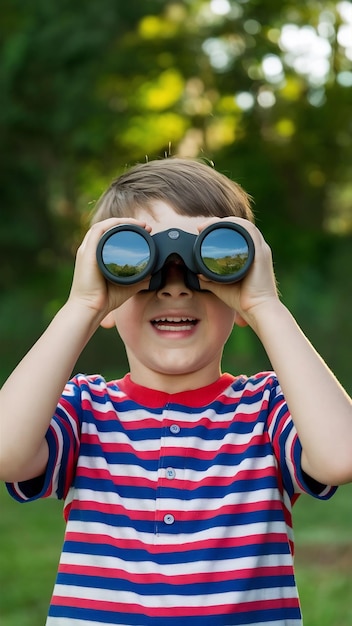 Amazed boy using his binoculars