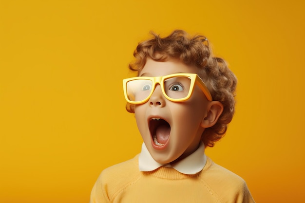 Amazed boy watching movie with popcorn in 3D glasses