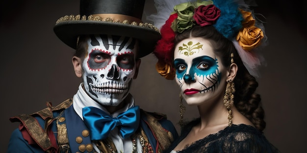 Amazed guy and girl with painted faces for halloween look in fright shot of couple in national mexican costumes