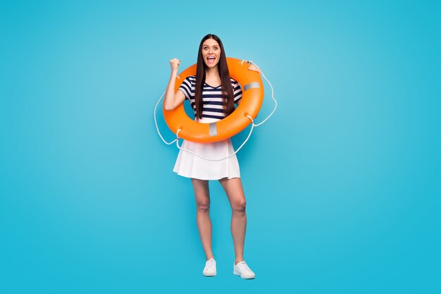 amazed lady crazy tourist hold orange emergency life buoy