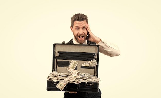 Amazed man hold cafe with money isolated on white background corruption