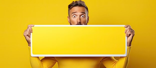 Photo a amazed man holding a large board with mouth open isolated on a bright yellow background
