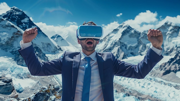 Amazed Man in VR Headset Virtual Mountains in Background Immersive Virtual Reality AI Generated